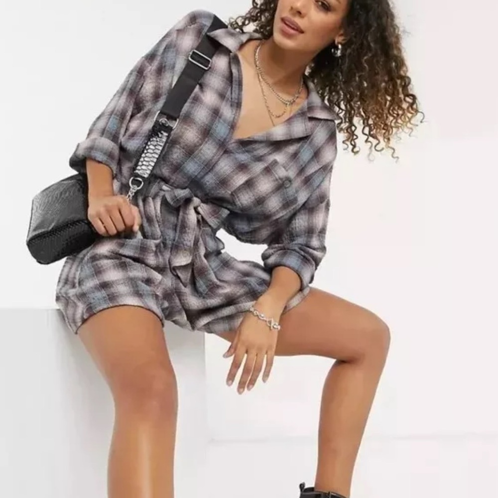 Free People before i let go romper with revere collar in vintage plaid, size Sm
